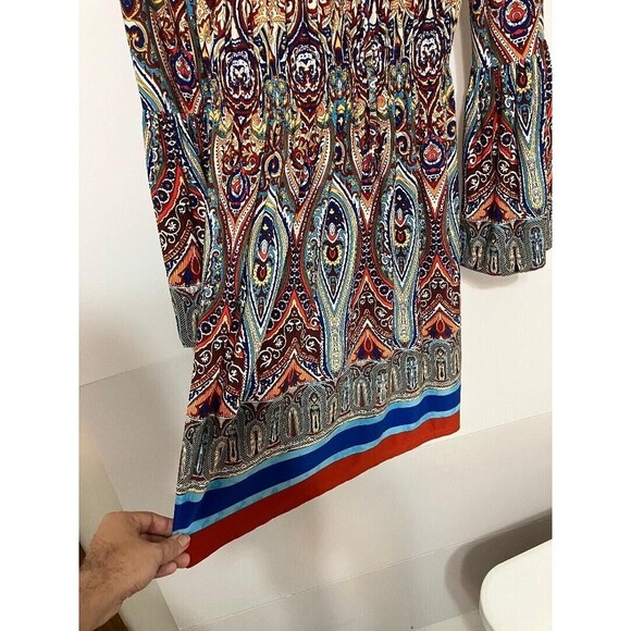 Boston Proper Womans Dress Sz 4 Multicolor Gypsy Boho Smocked Waist Bell Sleeve - Picture 5 of 10